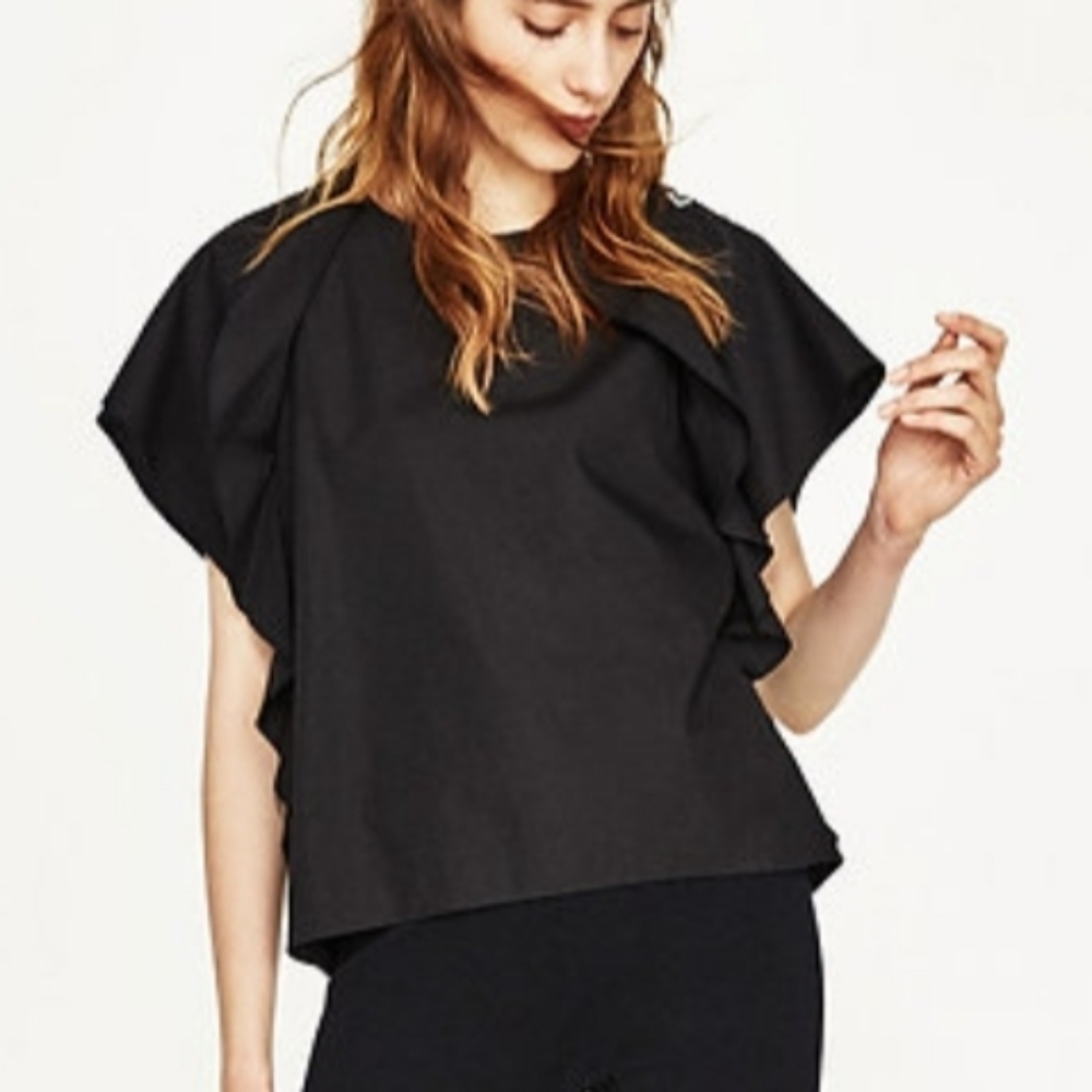 Zara Poplin Frilled Elegant Black Ruffle Sleeve Top